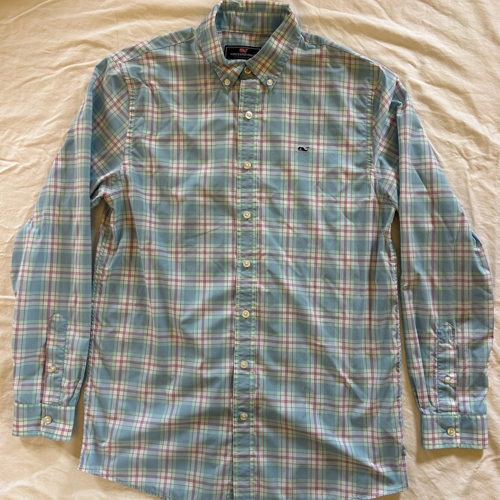 Vineyard Vines Boy’s Performance Shirt Size 18 (XL) Plaid - Blue, Pink and Green